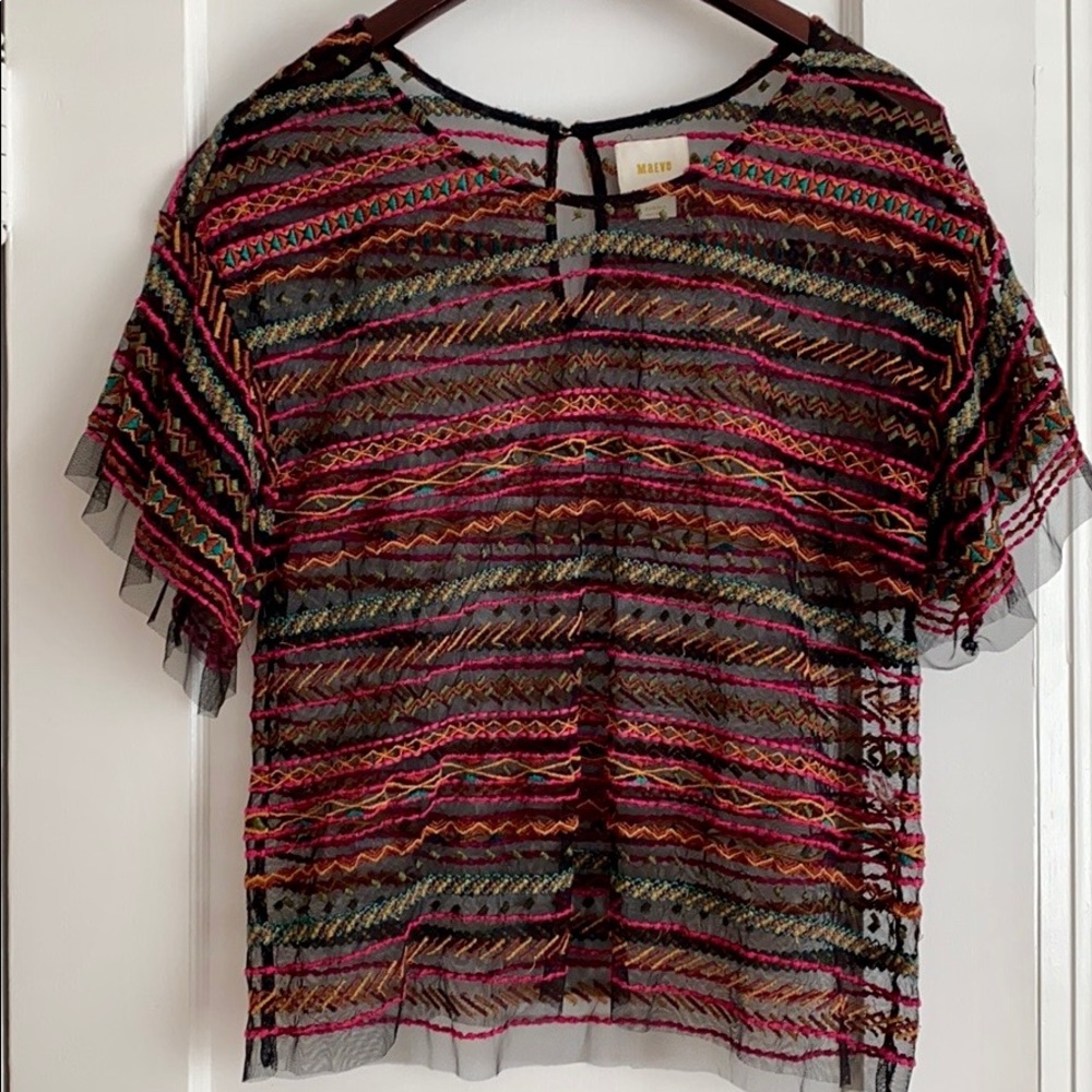 Anthropologie/ Maeve sheer black colorfully  embroidered top. XS